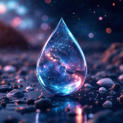 The primary subject of the image is a single drop of water, which is the main focus of the scene. The setting is a dark, starry night with a black background, creating a dramatic and moody atmosphere. The visual style is a digital art or illustration, as the water drop is depicted in a stylized manner. The colors and mood of the image are predominantly dark and mysterious, with the starry night providing a sense of depth and intrigue.